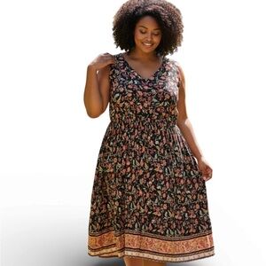 Pinup Fashion Summer Maxi Dress 2X Floral red black Boho Pockets EUC Cottagecore